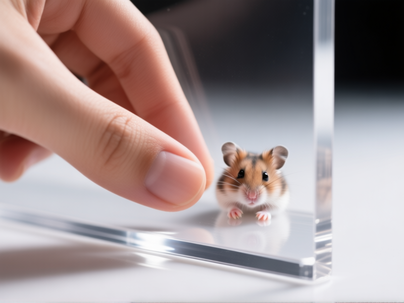 Midjourney Prompt: Close-up studio shot of a human hand gently pressing against a thick, perfectly clear acrylic sheet. A small hamster paw is visible on the other side, not making contact with the surface. Sharp focus, glossy acrylic edge visible, slight reflections. Style: modern product photography. --ar 4:3