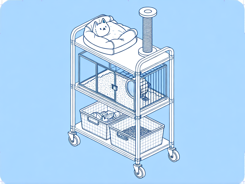 Isometric 3D blueprint illustration of a multi-tiered metal rolling cart. Top level: a cat bed and scratching post. Middle level: a glass or acrylic hamster/gerbil cage with bedding and a wheel. Bottom shelf: storage baskets for food and toys. Four sturdy locking casters at the base. Style: clean technical drawing, soft blue background, exploded view details. --ar 16:9