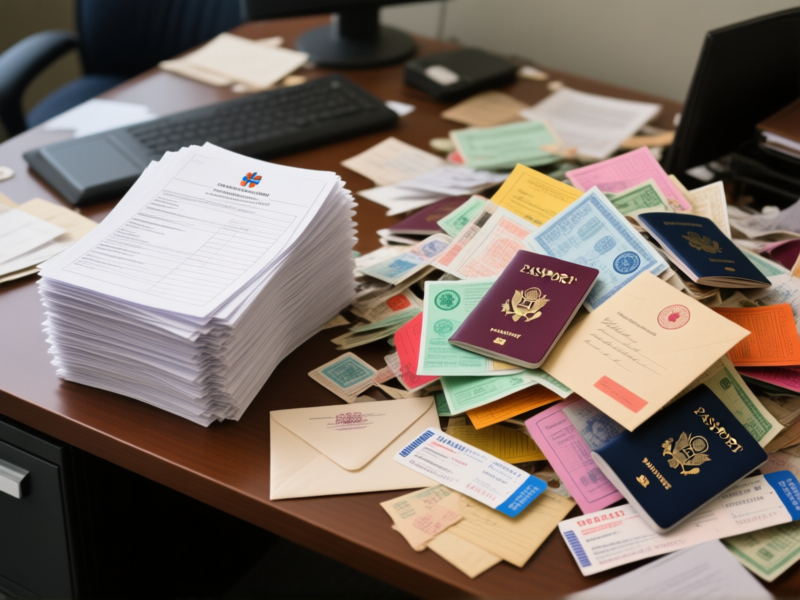 Midjourney Prompt: A messy desk with two contrasting piles. One pile: Neat, identical-looking government forms. The other pile: A chaotic, beautiful mess of stamped passports, colorful bank documents, official letters with letterheads, and a plane ticket. Top-down shot, shallow depth of field. --ar 16:9 --v 6