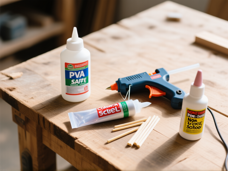 A flat-lay, overhead shot of common safe DIY adhesives on a rustic wood workshop table. A bottle of white PVA glue, a clear silicone sealant tube, a hot glue gun with a few sticks, and a small bottle of non-toxic school glue. Natural light, clean composition.