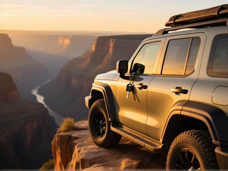 A rugged, stylish SUV parked at the edge of a cliff, overlooking a vast canyon, keys hanging from the ignition, golden hour light, detailed, photorealistic --ar 16:9