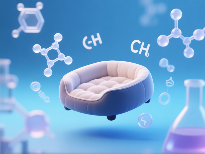 A stylized, scientific illustration. A pet bed is the central focus. Floating around it are translucent molecular structures and chemical symbols in soft focus. The background is a soft laboratory blue. Conceptual, clean, slightly ominous.