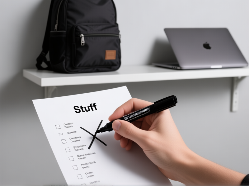 Midjourney prompt: Close-up of a hand holding a black sharpie, decisively crossing out items on a printed list titled 'Stuff'. Behind it, a tidy shelf with a single backpack and a laptop. Stark, minimalist composition, high contrast, sharp focus. --ar 4:3 --style raw