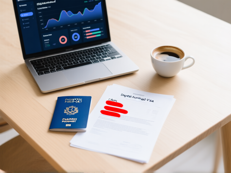 Clean, minimalist flat lay of essential documents for the Estonia Digital Nomad Visa on a light wood table: a blue passport, a laptop showing a financial dashboard, a contract with client names redacted, a cup of specialty coffee, soft natural light --ar 16:9 --style raw