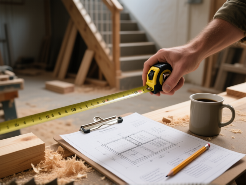 Stable Diffusion Prompt: A detailed, close-up shot of a hand holding a tape measure, stretched across the open frame under a staircase. Graph paper with sketched plans and notes is visible on a clipboard next to a pencil and coffee mug. The sawdust is on the floor, the wood is raw. Photorealistic, detailed textures, natural workshop lighting. Sense of planning and beginning a project.