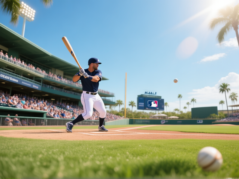 Stable Diffusion Prompt: Dynamic low-angle shot from the grass, a MLB player taking batting practice in a cozy spring training stadium, intimate crowd in the stands, bright Florida sun, shallow depth of field, photorealistic --ar 4:3