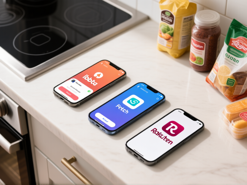 Midjourney prompt: Clean, modern photography, top-down view of a kitchen counter. Three smartphones displaying different but popular cashback app icons (like Ibotta, Fetch, Rakuten), a few grocery staples next to them. Sharp focus, bright, inviting --ar 16:9