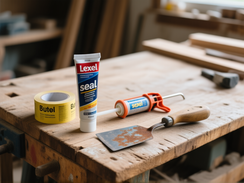 RAW, unglamorous product shot on a weathered wooden workbench: a tube of Lexel sealant, a roll of Butyl tape, a cheap caulk gun, and a rusty putty knife, soft natural light, shallow depth of field, authentic DIY workspace --ar 16:9 --style raw