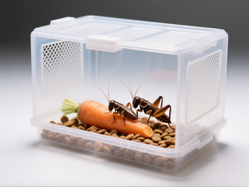 [Midjourney/SD Prompt: wide-angle shot inside a clean plastic critter keeper with fine mesh ventilation panels on the sides. Focus on a cluster of brown crickets on a piece of carrot and dry cat food. Style: sharp focus product photography, studio lighting, clean background. --ar 16:9]