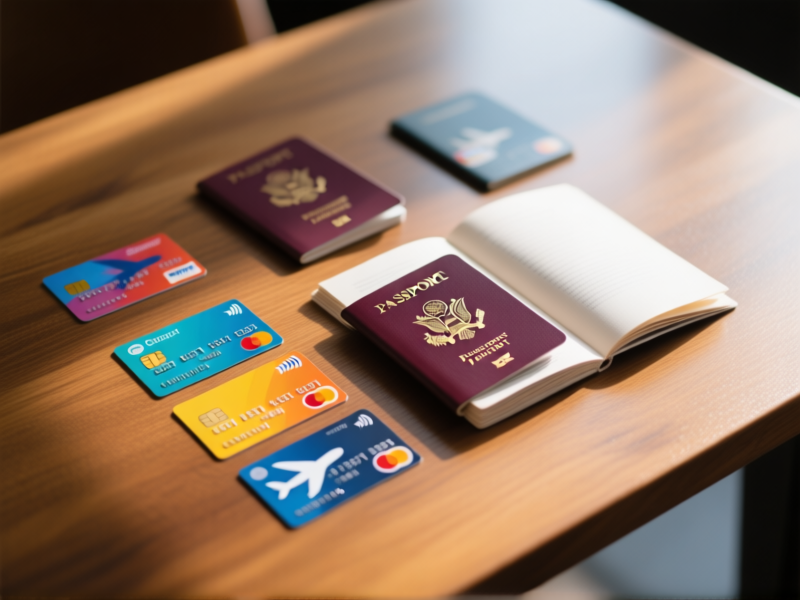 Dramatic top-down shot of colorful airline credit cards and passports laid out on a wooden table. Shallow depth of field, one passport is open. Soft morning light, minimalist composition, strategic feel.