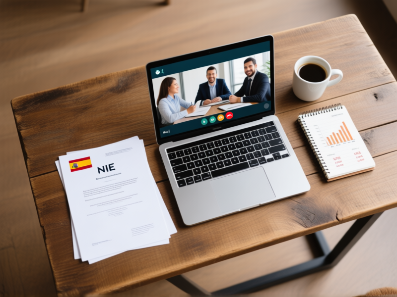 minimalist flat lay, a Spanish NIE document next to a modern laptop showing a video call with a team, a notepad with financial figures, coffee cup, on a rustic wooden table, top-down view, clean, professional --ar 16:9