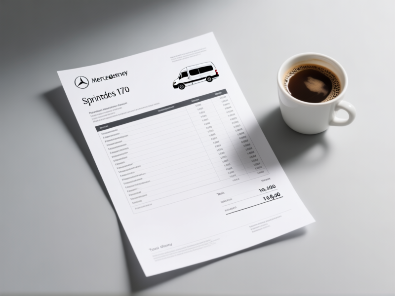 Midjourney prompt: A single sheet of high-quality stationery with a detailed, itemized estimate for a 'Mercedes Sprinter 170' conversion. The total figure at the bottom is eye-wateringly high. A cup of cold coffee sits next to it. Clean, sharp, professional photography. --ar 4:3