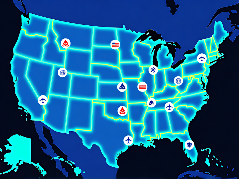 A detailed infographic style image. A map of the northeastern USA with glowing lines connecting cities like New York, Boston, Washington D.C. Icons of different airline logos (Delta, American, United) sit at hubs. The visual is clean, modern, and informative. --ar 16:9 --style raw