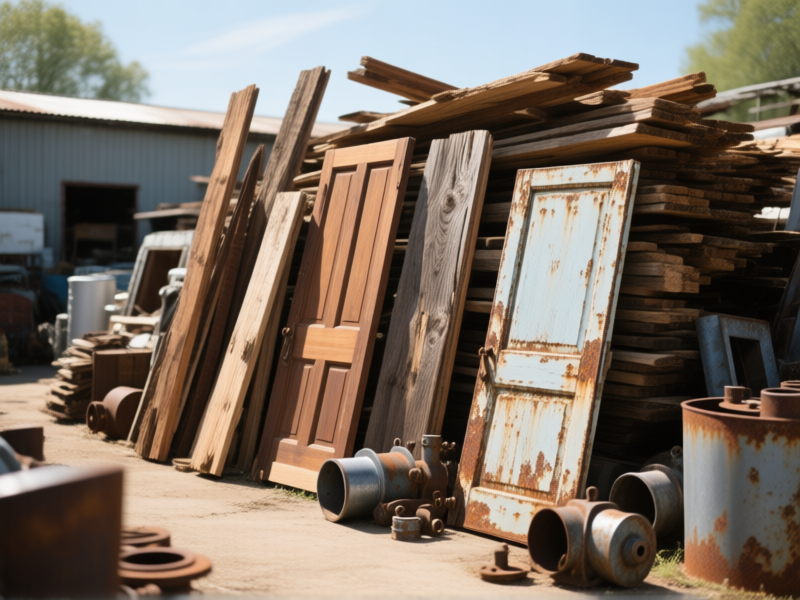 An organized pile of reclaimed wood planks, old doors, and metal fittings in a sunlit salvage yard, textures of rust and grain highly detailed, sense of potential, Stable Diffusion prompt